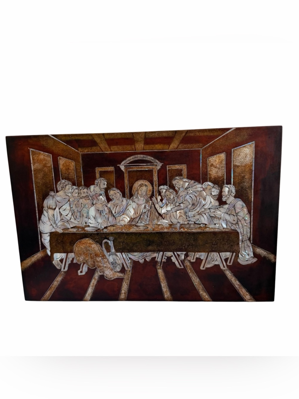 Vintage Mid Century Mother of Pearl Inlaid Jesus Last Supper Resin Plaque Wall
